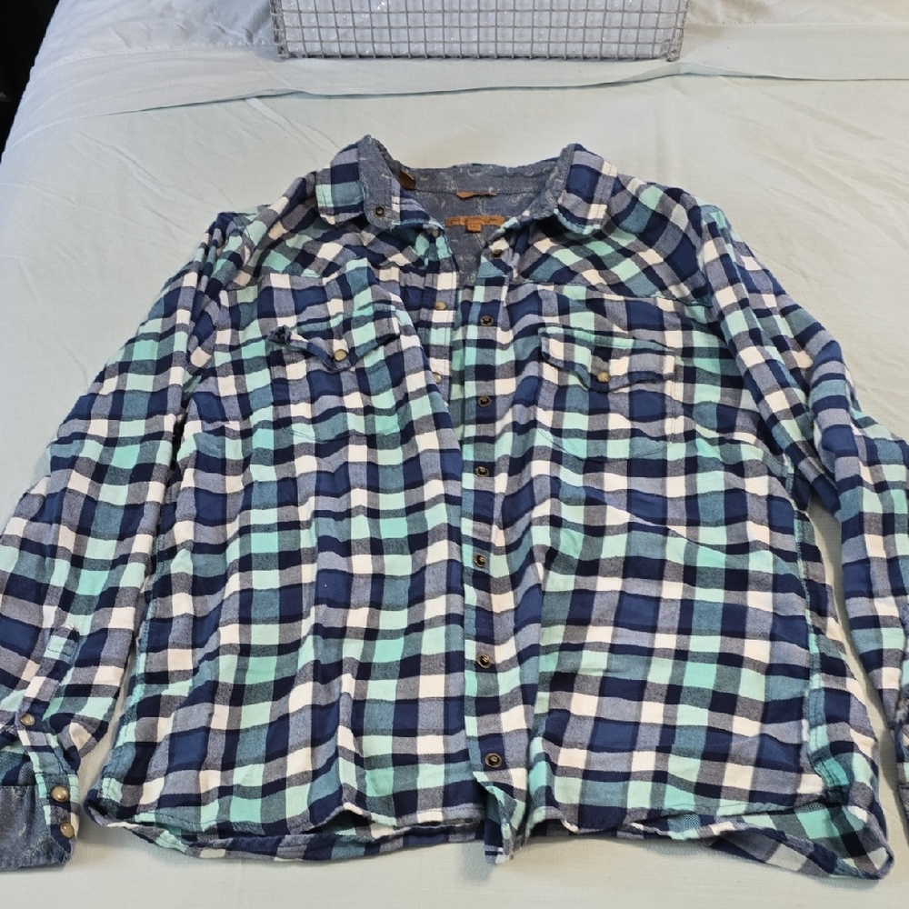 JACHS Girlfriend Blue and Green Plaid Button Down Shirt